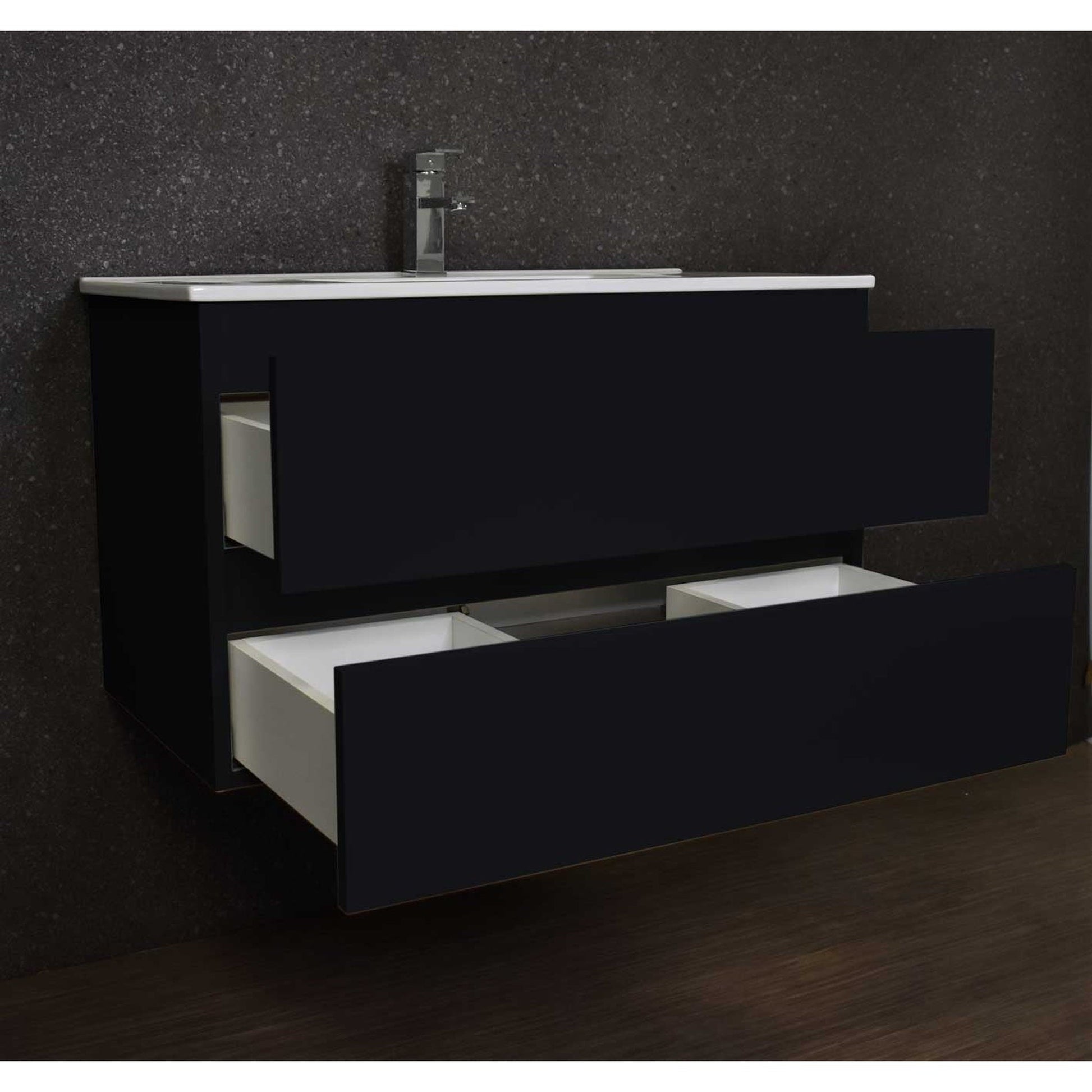 Volpa USA Salt 36" x 18" Black Wall-Mounted Floating Bathroom Vanity With Drawers, Integrated Porcelain Ceramic Top and Integrated Ceramic Sink