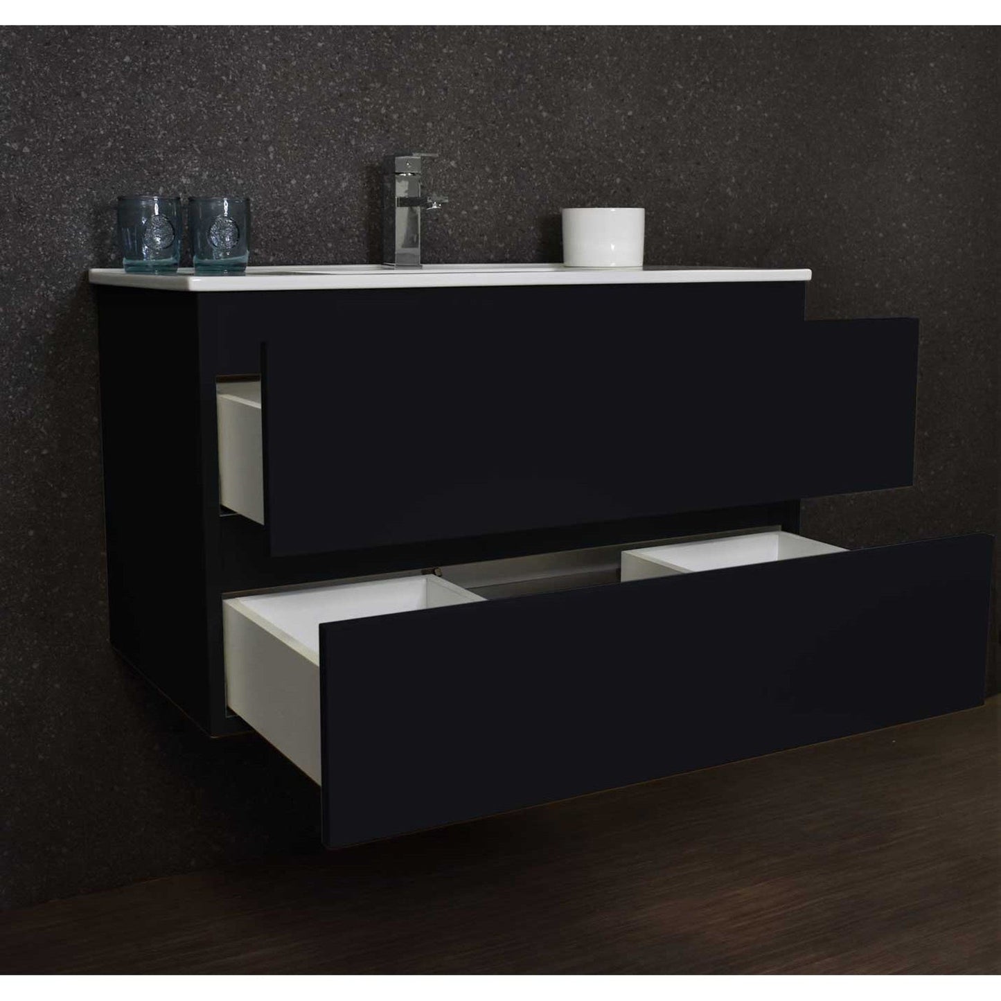 Volpa USA Salt 36" x 18" Black Wall-Mounted Floating Bathroom Vanity With Drawers, Integrated Porcelain Ceramic Top and Integrated Ceramic Sink