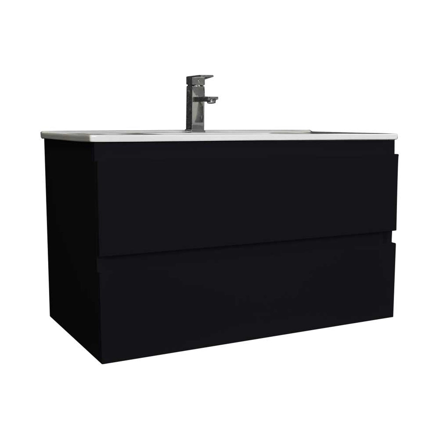 Volpa USA Salt 36" x 18" Black Wall-Mounted Floating Bathroom Vanity With Drawers, Integrated Porcelain Ceramic Top and Integrated Ceramic Sink