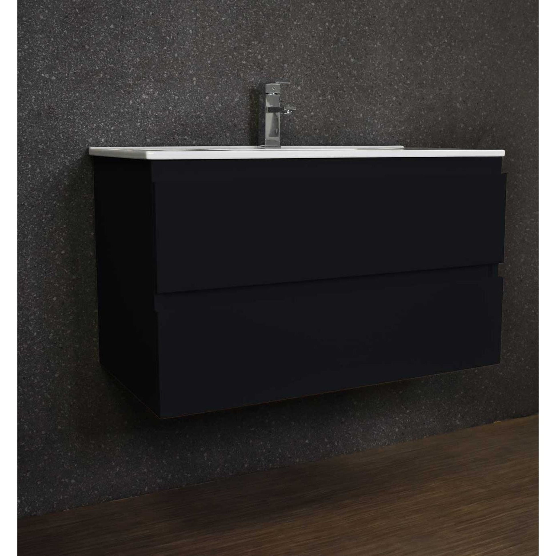 Volpa USA Salt 36" x 18" Black Wall-Mounted Floating Bathroom Vanity With Drawers, Integrated Porcelain Ceramic Top and Integrated Ceramic Sink