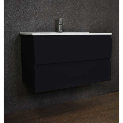 Volpa USA Salt 36" x 18" Black Wall-Mounted Floating Bathroom Vanity With Drawers, Integrated Porcelain Ceramic Top and Integrated Ceramic Sink