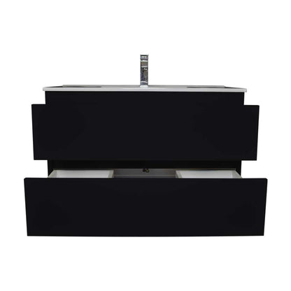 Volpa USA Salt 36" x 18" Black Wall-Mounted Floating Bathroom Vanity With Drawers, Integrated Porcelain Ceramic Top and Integrated Ceramic Sink