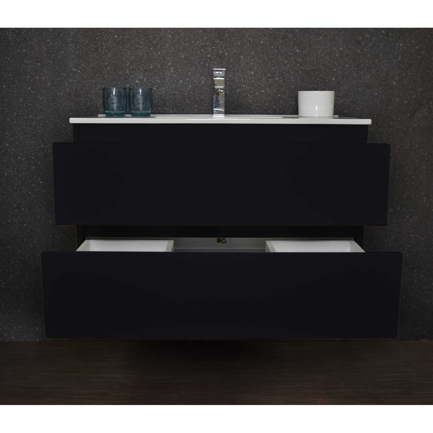 Volpa USA Salt 36" x 18" Black Wall-Mounted Floating Bathroom Vanity With Drawers, Integrated Porcelain Ceramic Top and Integrated Ceramic Sink