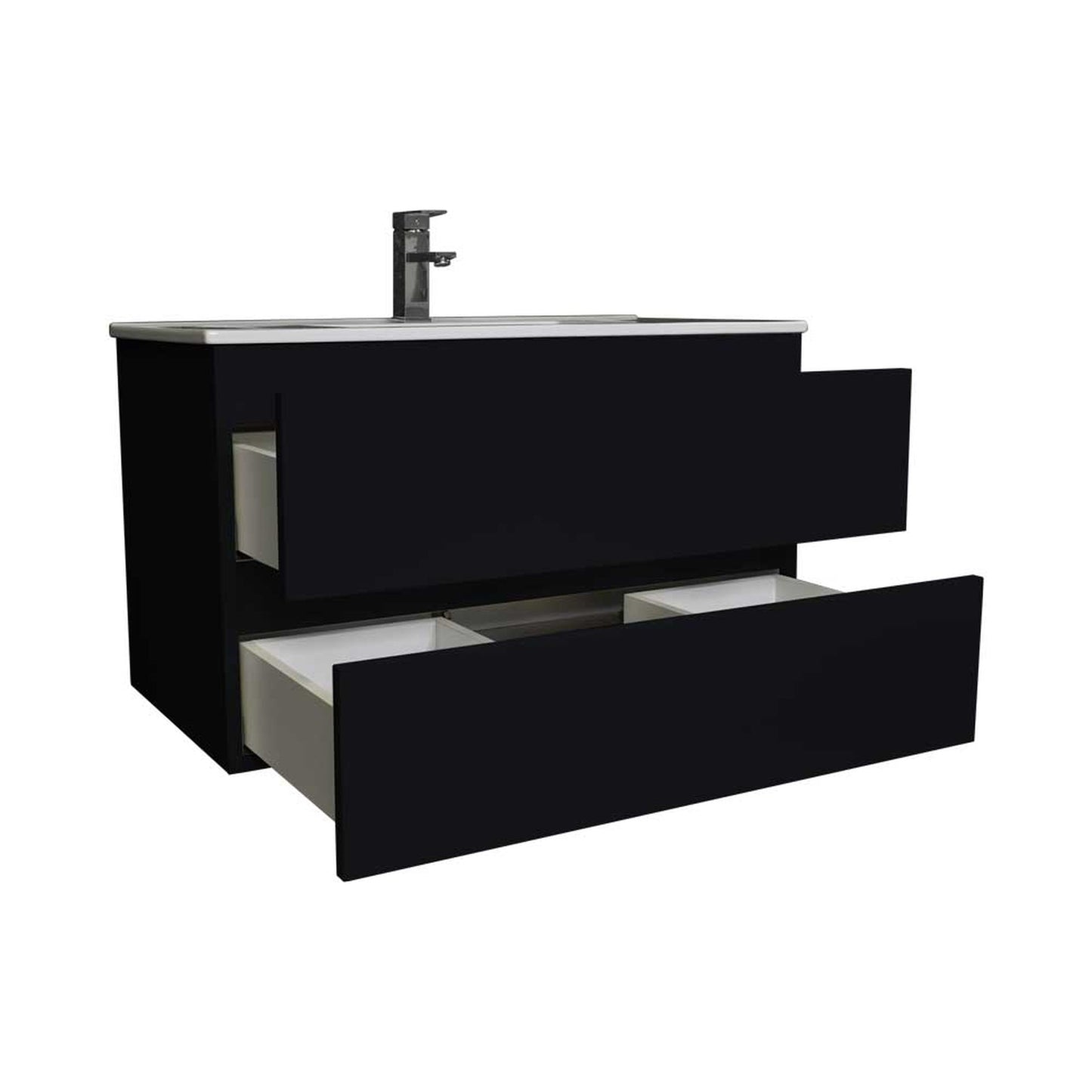 Volpa USA Salt 36" x 18" Black Wall-Mounted Floating Bathroom Vanity With Drawers, Integrated Porcelain Ceramic Top and Integrated Ceramic Sink