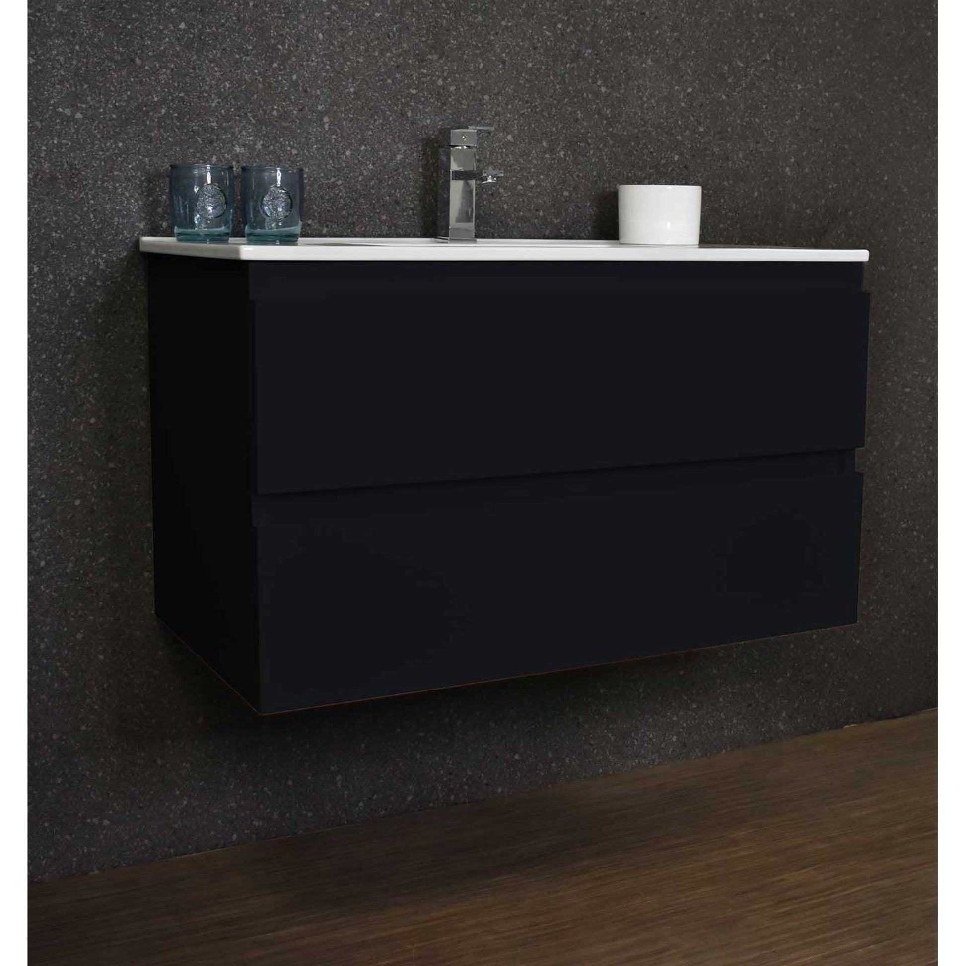 Volpa USA Salt 36" x 18" Glossy Black Wall-Mounted Floating Bathroom Vanity With Drawers, Integrated Porcelain Ceramic Top and Integrated Ceramic Sink