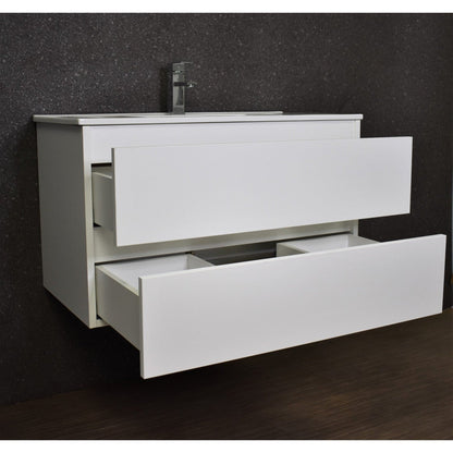 Volpa USA Salt 36" x 18" Glossy White Wall-Mounted Floating Bathroom Vanity With Drawers, Integrated Porcelain Ceramic Top and Integrated Ceramic Sink