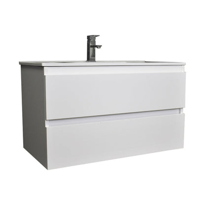 Volpa USA Salt 36" x 18" Glossy White Wall-Mounted Floating Bathroom Vanity With Drawers, Integrated Porcelain Ceramic Top and Integrated Ceramic Sink