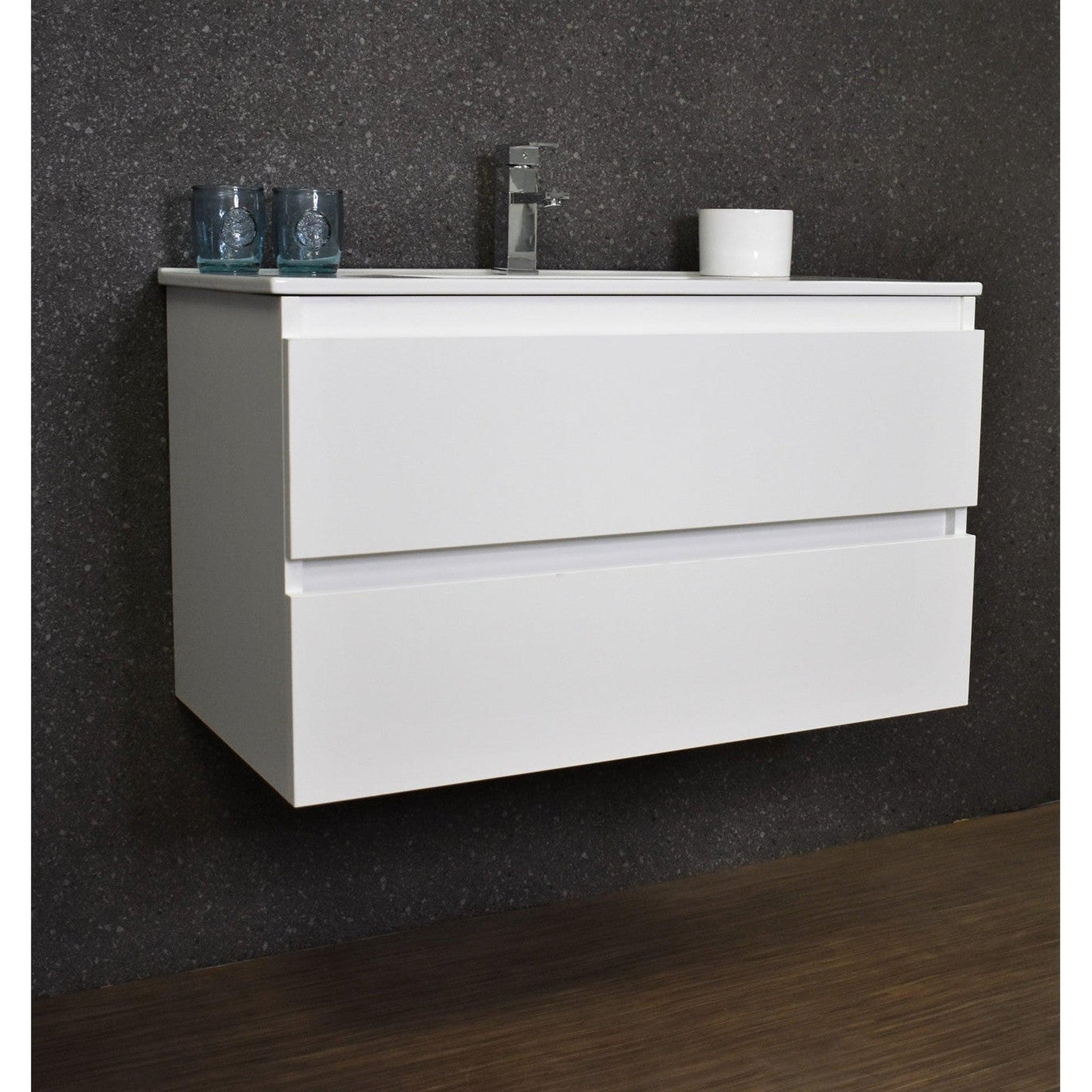 Volpa USA Salt 36" x 18" Glossy White Wall-Mounted Floating Bathroom Vanity With Drawers, Integrated Porcelain Ceramic Top and Integrated Ceramic Sink