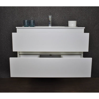 Volpa USA Salt 36" x 18" Glossy White Wall-Mounted Floating Bathroom Vanity With Drawers, Integrated Porcelain Ceramic Top and Integrated Ceramic Sink