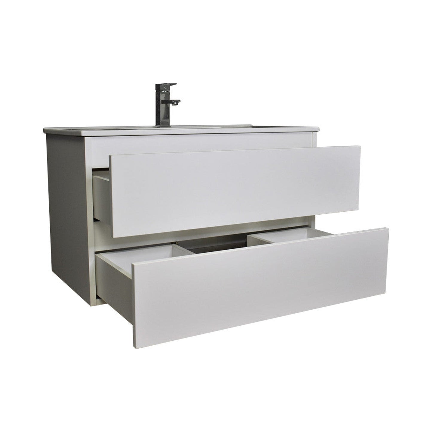 Volpa USA Salt 36" x 18" Glossy White Wall-Mounted Floating Bathroom Vanity With Drawers, Integrated Porcelain Ceramic Top and Integrated Ceramic Sink