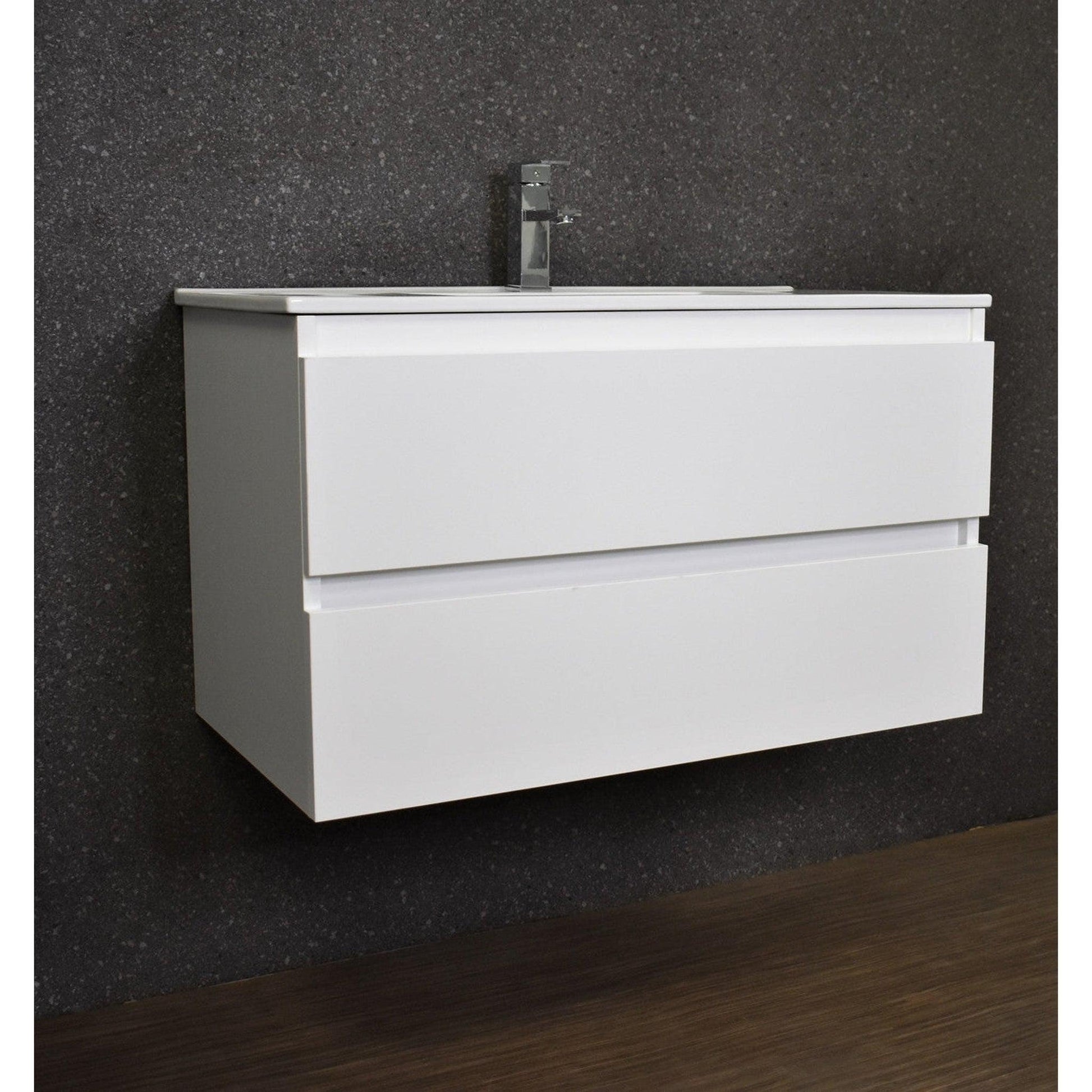 Volpa USA Salt 36" x 18" Glossy White Wall-Mounted Floating Bathroom Vanity With Drawers, Integrated Porcelain Ceramic Top and Integrated Ceramic Sink