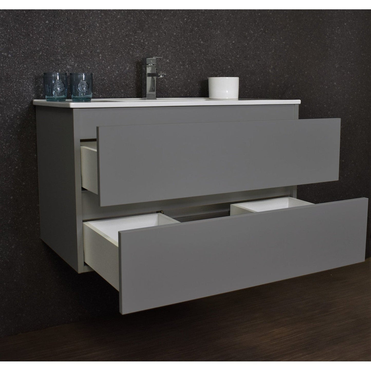 Volpa USA Salt 36" x 18" Gray Wall-Mounted Floating Bathroom Vanity With Drawers, Integrated Porcelain Ceramic Top and Integrated Ceramic Sink