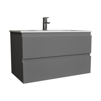 Volpa USA Salt 36" x 18" Gray Wall-Mounted Floating Bathroom Vanity With Drawers, Integrated Porcelain Ceramic Top and Integrated Ceramic Sink