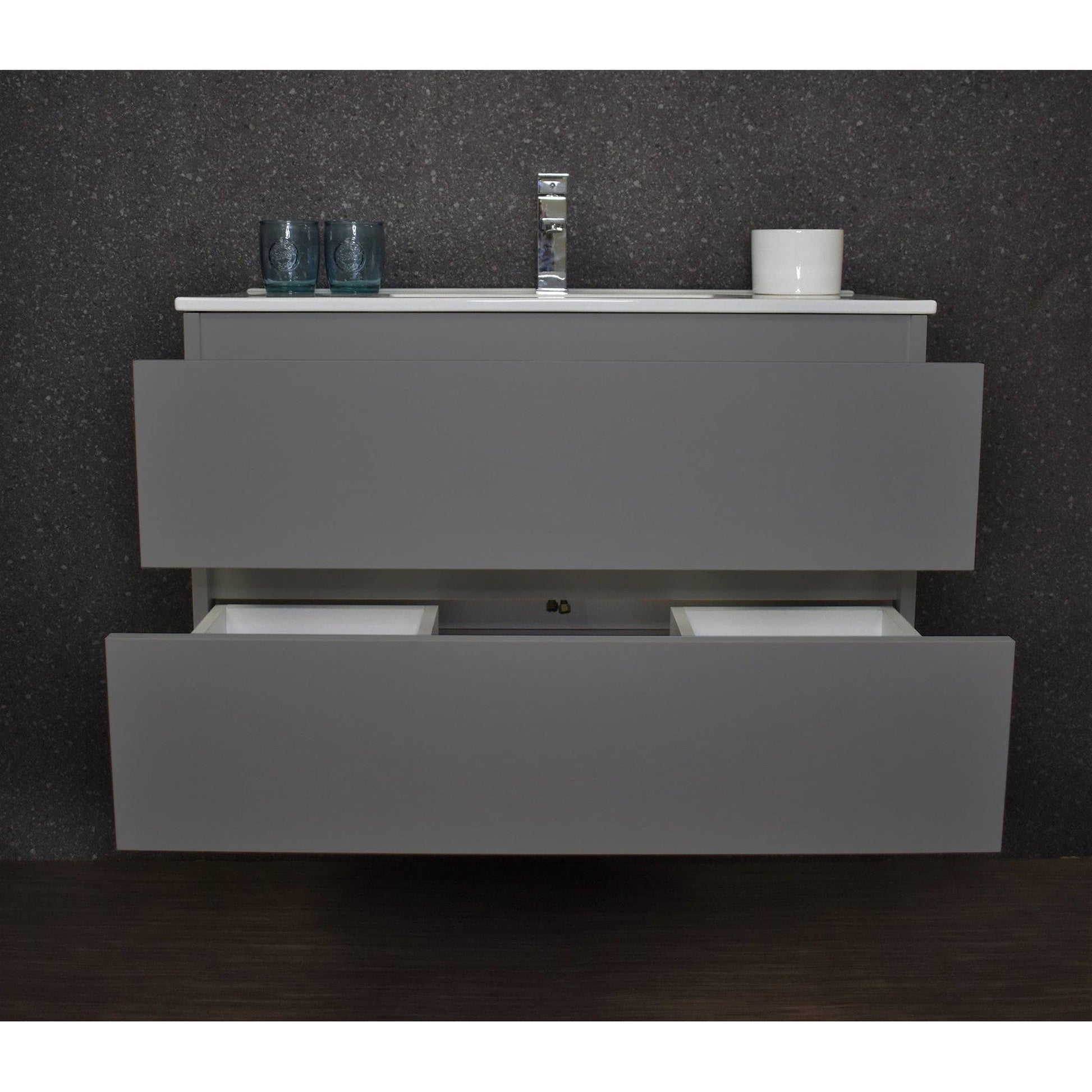 Volpa USA Salt 36" x 18" Gray Wall-Mounted Floating Bathroom Vanity With Drawers, Integrated Porcelain Ceramic Top and Integrated Ceramic Sink