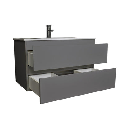 Volpa USA Salt 36" x 18" Gray Wall-Mounted Floating Bathroom Vanity With Drawers, Integrated Porcelain Ceramic Top and Integrated Ceramic Sink