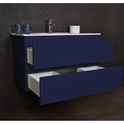 Volpa USA Salt 36" x 18" Navy Wall-Mounted Floating Bathroom Vanity With Drawers, Integrated Porcelain Ceramic Top and Integrated Ceramic Sink