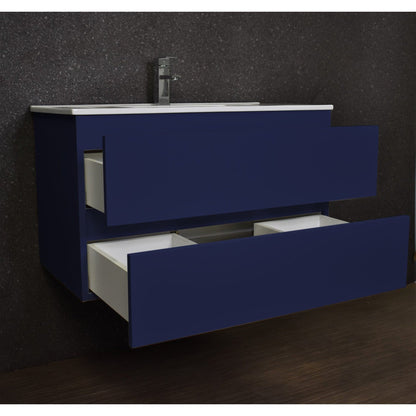 Volpa USA Salt 36" x 18" Navy Wall-Mounted Floating Bathroom Vanity With Drawers, Integrated Porcelain Ceramic Top and Integrated Ceramic Sink