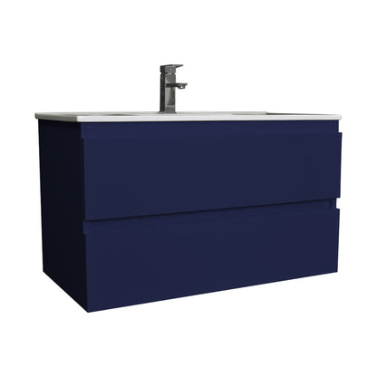 Volpa USA Salt 36" x 18" Navy Wall-Mounted Floating Bathroom Vanity With Drawers, Integrated Porcelain Ceramic Top and Integrated Ceramic Sink