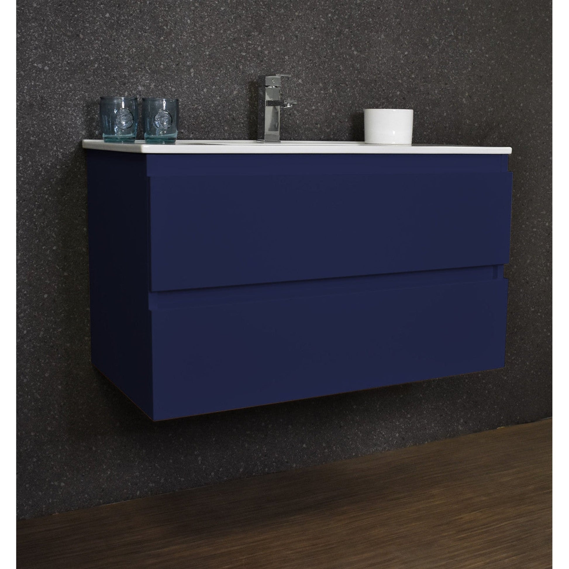Volpa USA Salt 36" x 18" Navy Wall-Mounted Floating Bathroom Vanity With Drawers, Integrated Porcelain Ceramic Top and Integrated Ceramic Sink