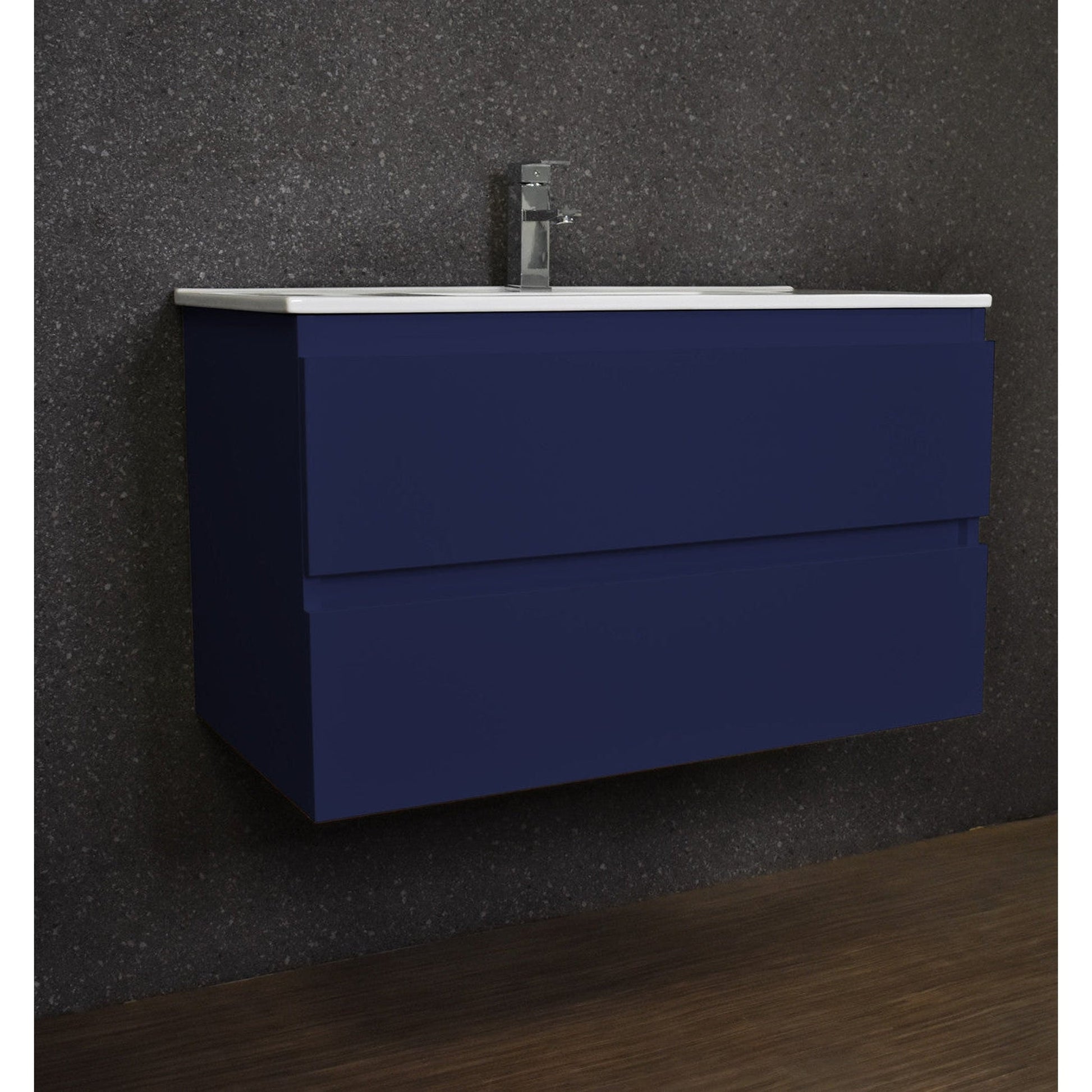 Volpa USA Salt 36" x 18" Navy Wall-Mounted Floating Bathroom Vanity With Drawers, Integrated Porcelain Ceramic Top and Integrated Ceramic Sink