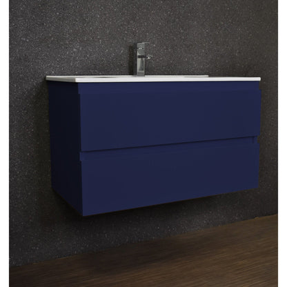 Volpa USA Salt 36" x 18" Navy Wall-Mounted Floating Bathroom Vanity With Drawers, Integrated Porcelain Ceramic Top and Integrated Ceramic Sink