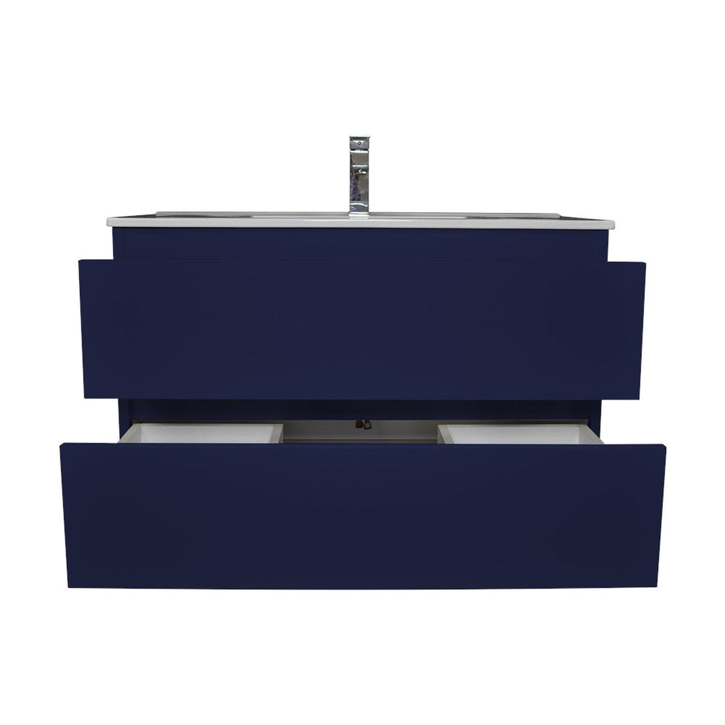 Volpa USA Salt 36" x 18" Navy Wall-Mounted Floating Bathroom Vanity With Drawers, Integrated Porcelain Ceramic Top and Integrated Ceramic Sink