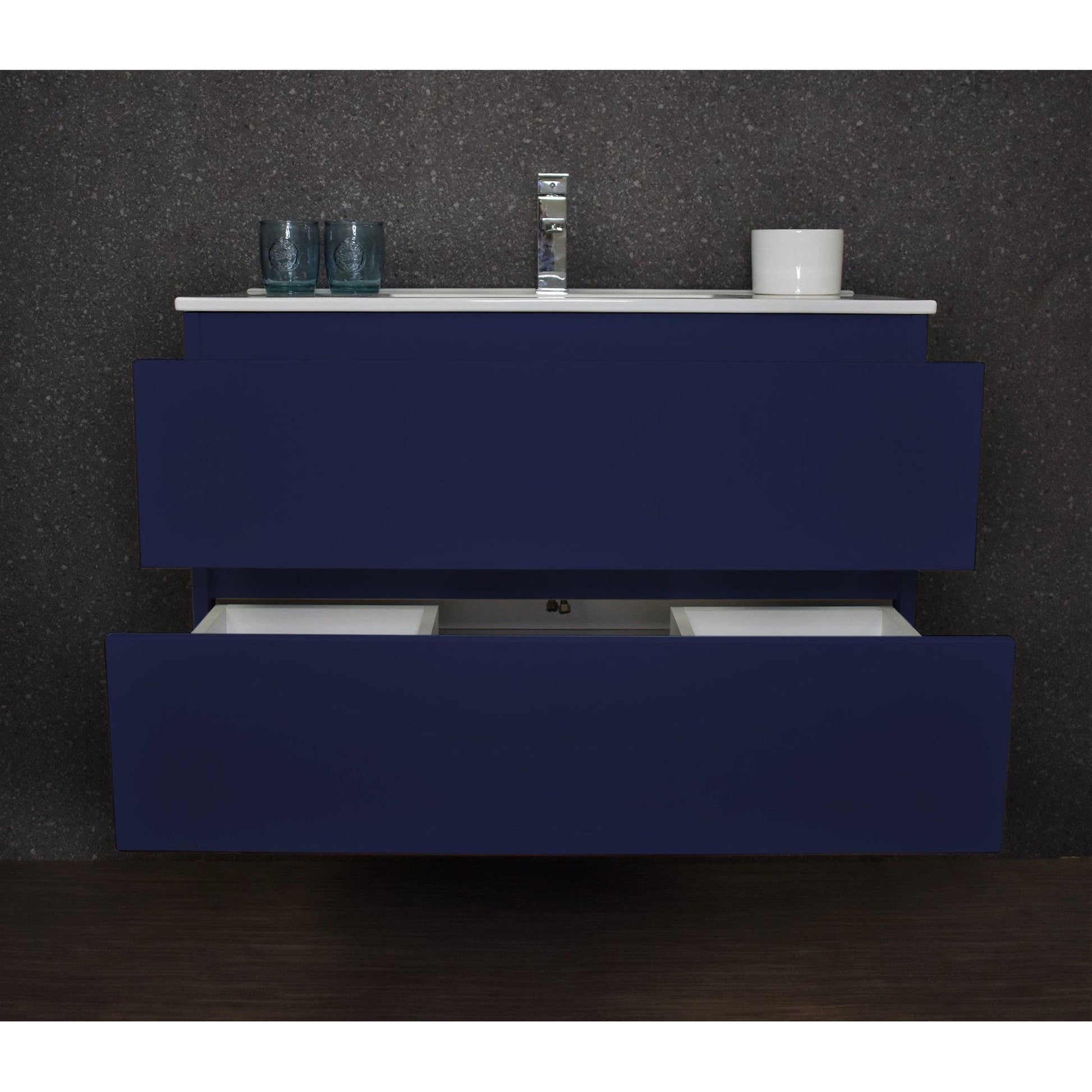 Volpa USA Salt 36" x 18" Navy Wall-Mounted Floating Bathroom Vanity With Drawers, Integrated Porcelain Ceramic Top and Integrated Ceramic Sink