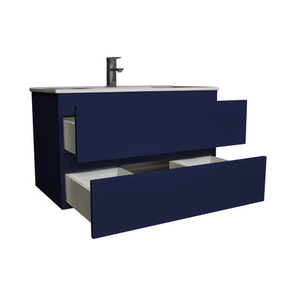 Volpa USA Salt 36" x 18" Navy Wall-Mounted Floating Bathroom Vanity With Drawers, Integrated Porcelain Ceramic Top and Integrated Ceramic Sink