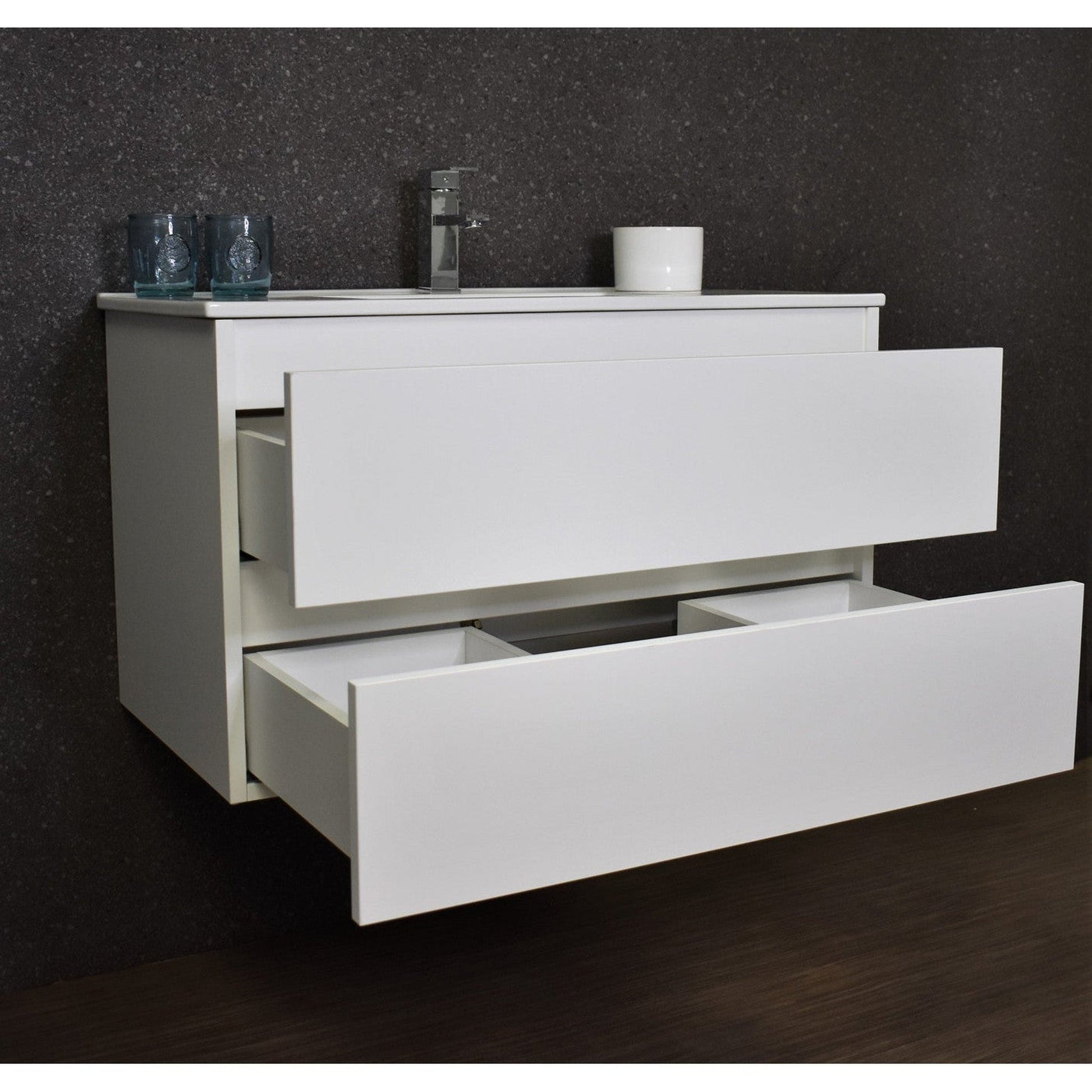 Volpa USA Salt 36" x 18" White Wall-Mounted Floating Bathroom Vanity With Drawers, Integrated Porcelain Ceramic Top and Integrated Ceramic Sink