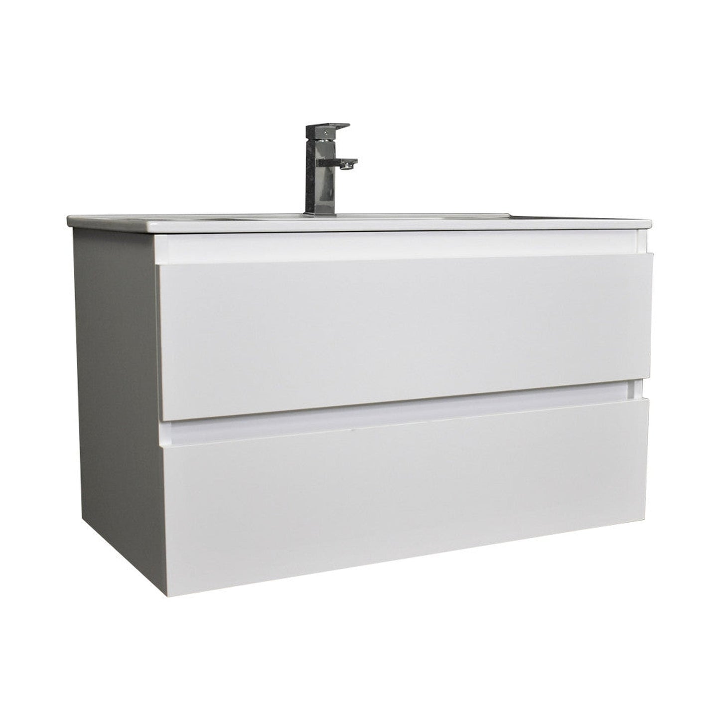 Volpa USA Salt 36" x 18" White Wall-Mounted Floating Bathroom Vanity With Drawers, Integrated Porcelain Ceramic Top and Integrated Ceramic Sink