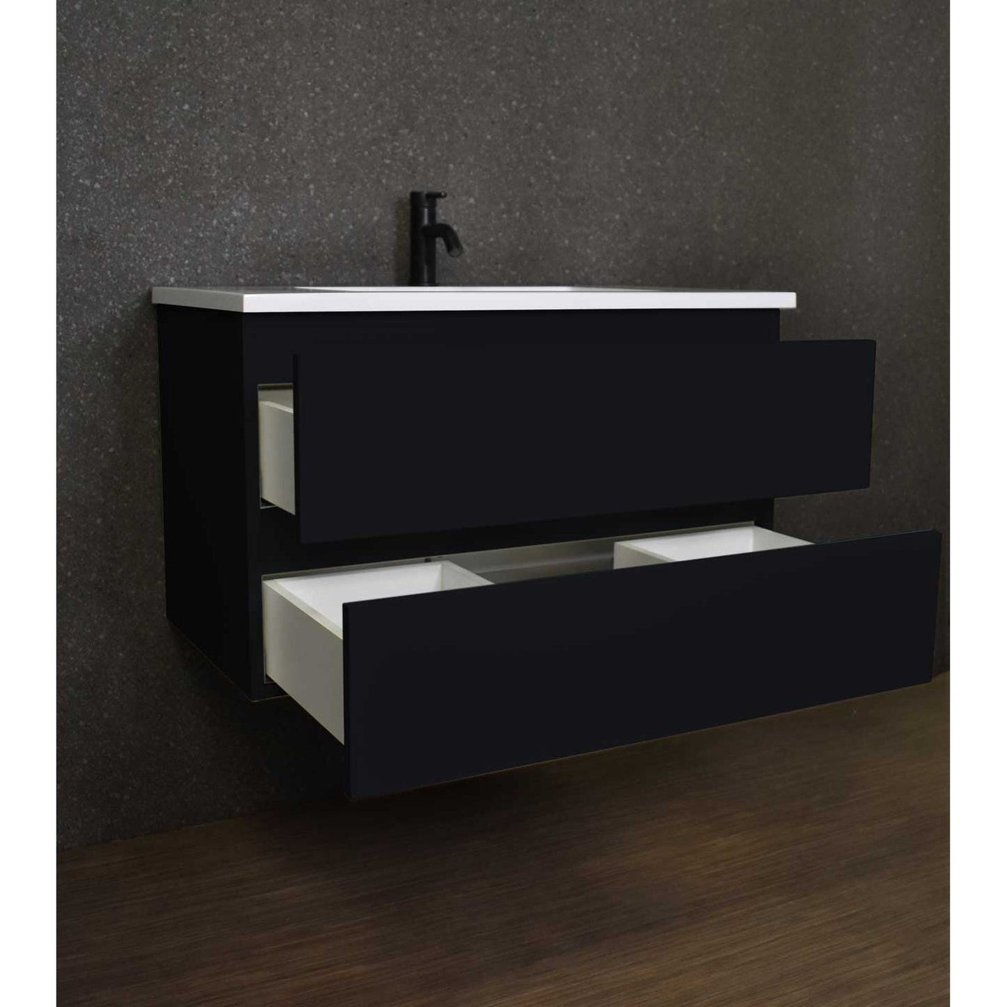 Volpa USA Salt 36" x 20" Black Wall-Mounted Floating Bathroom Vanity With Drawers, Acrylic Top and Integrated Acrylic Sink