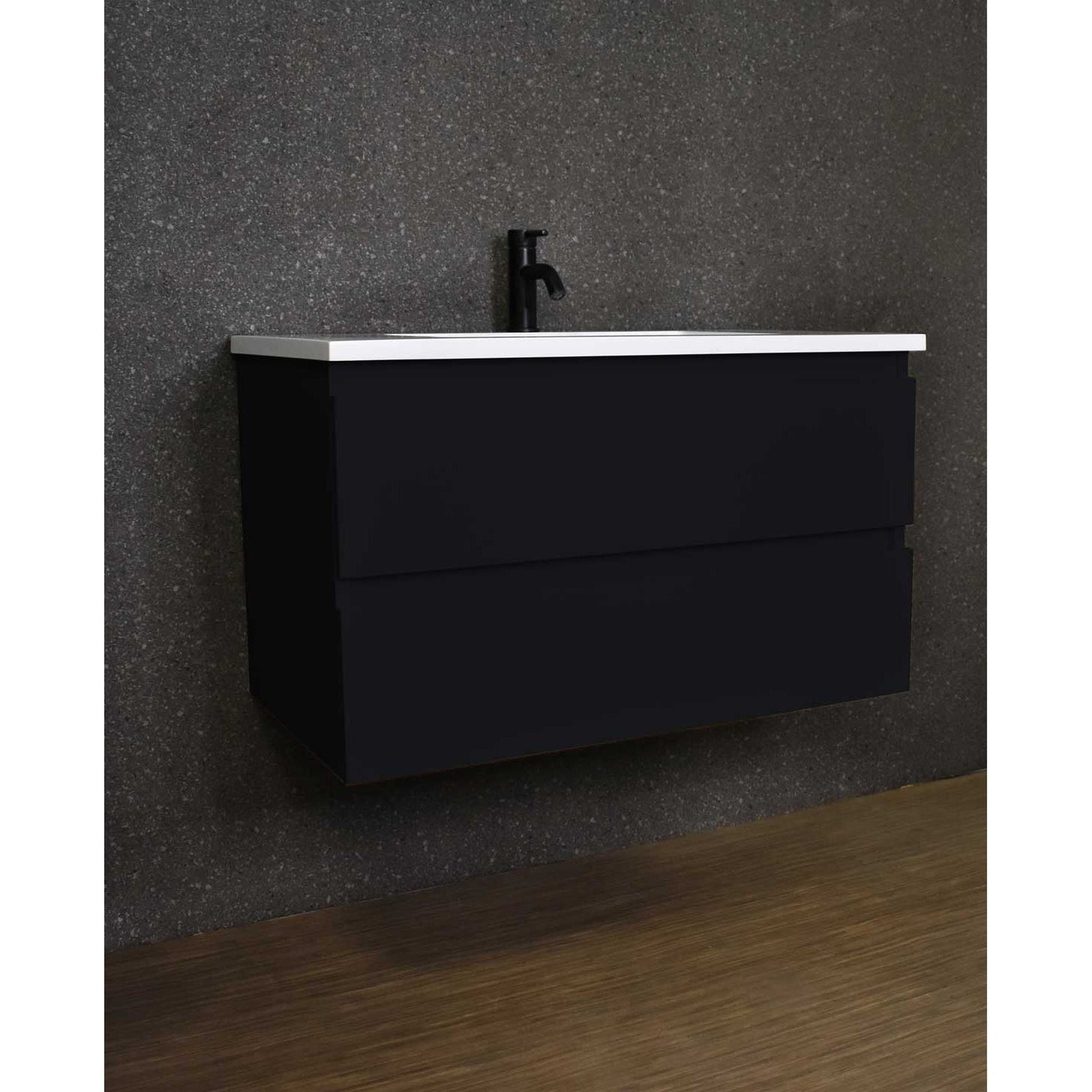 Volpa USA Salt 36" x 20" Black Wall-Mounted Floating Bathroom Vanity With Drawers, Acrylic Top and Integrated Acrylic Sink