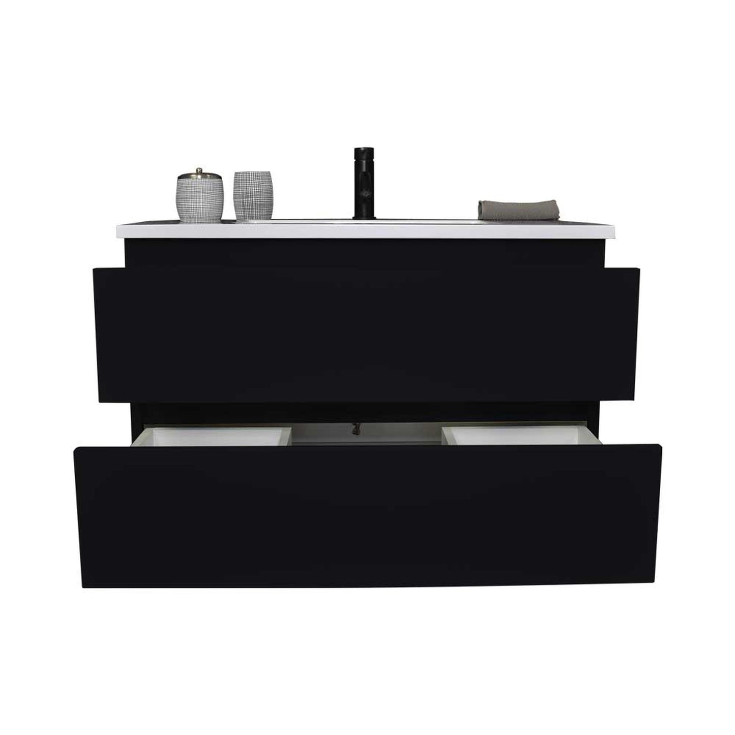 Volpa USA Salt 36" x 20" Black Wall-Mounted Floating Bathroom Vanity With Drawers, Acrylic Top and Integrated Acrylic Sink