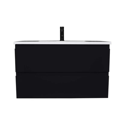 Volpa USA Salt 36" x 20" Black Wall-Mounted Floating Bathroom Vanity With Drawers, Acrylic Top and Integrated Acrylic Sink