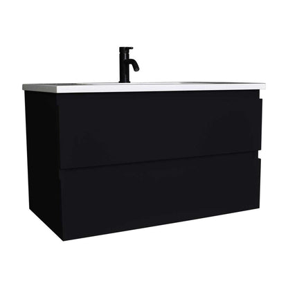 Volpa USA Salt 36" x 20" Glossy Black Wall-Mounted Floating Bathroom Vanity With Drawers, Acrylic Top and Integrated Acrylic Sink