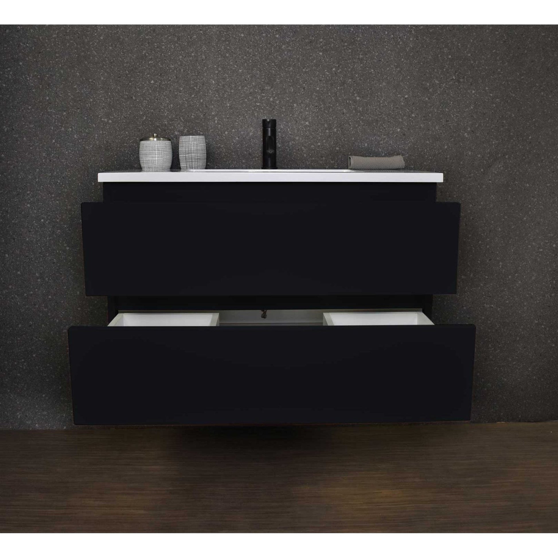 Volpa USA Salt 36" x 20" Glossy Black Wall-Mounted Floating Bathroom Vanity With Drawers, Acrylic Top and Integrated Acrylic Sink