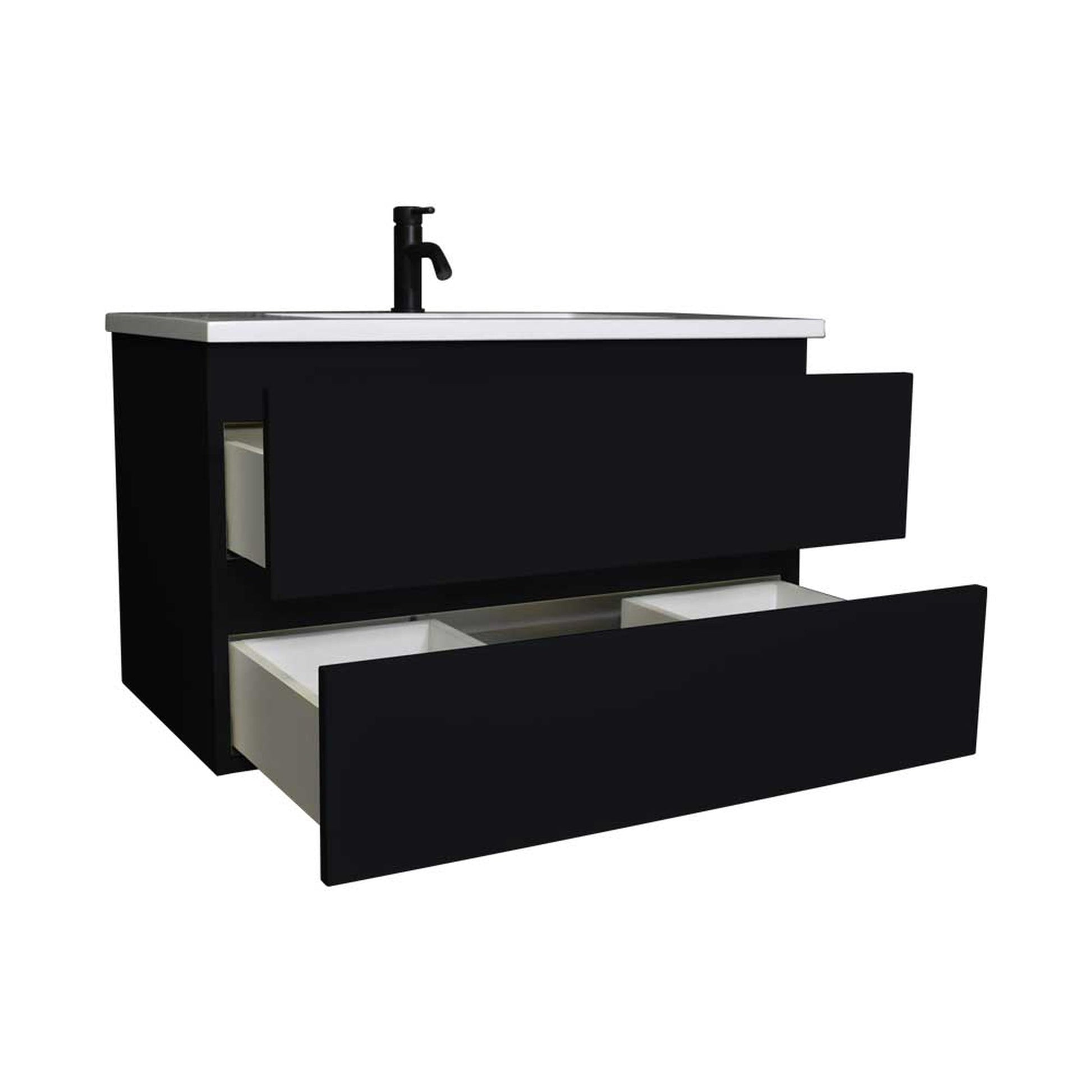 Volpa USA Salt 36" x 20" Glossy Black Wall-Mounted Floating Bathroom Vanity With Drawers, Acrylic Top and Integrated Acrylic Sink