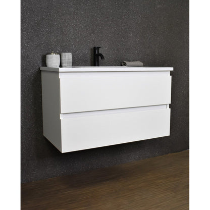 Volpa USA Salt 36" x 20" Glossy White Wall-Mounted Floating Bathroom Vanity With Drawers, Acrylic Top and Integrated Acrylic Sink