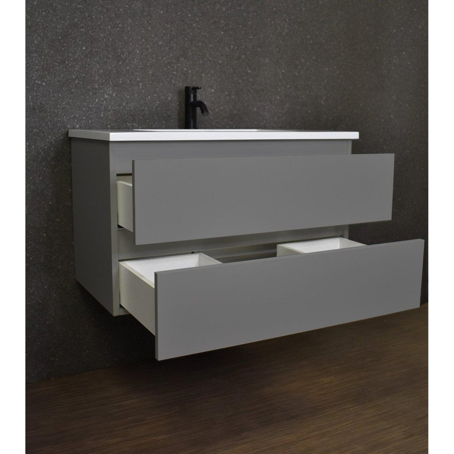 Volpa USA Salt 36" x 20" Gray Wall-Mounted Floating Bathroom Vanity With Drawers, Acrylic Top and Integrated Acrylic Sink