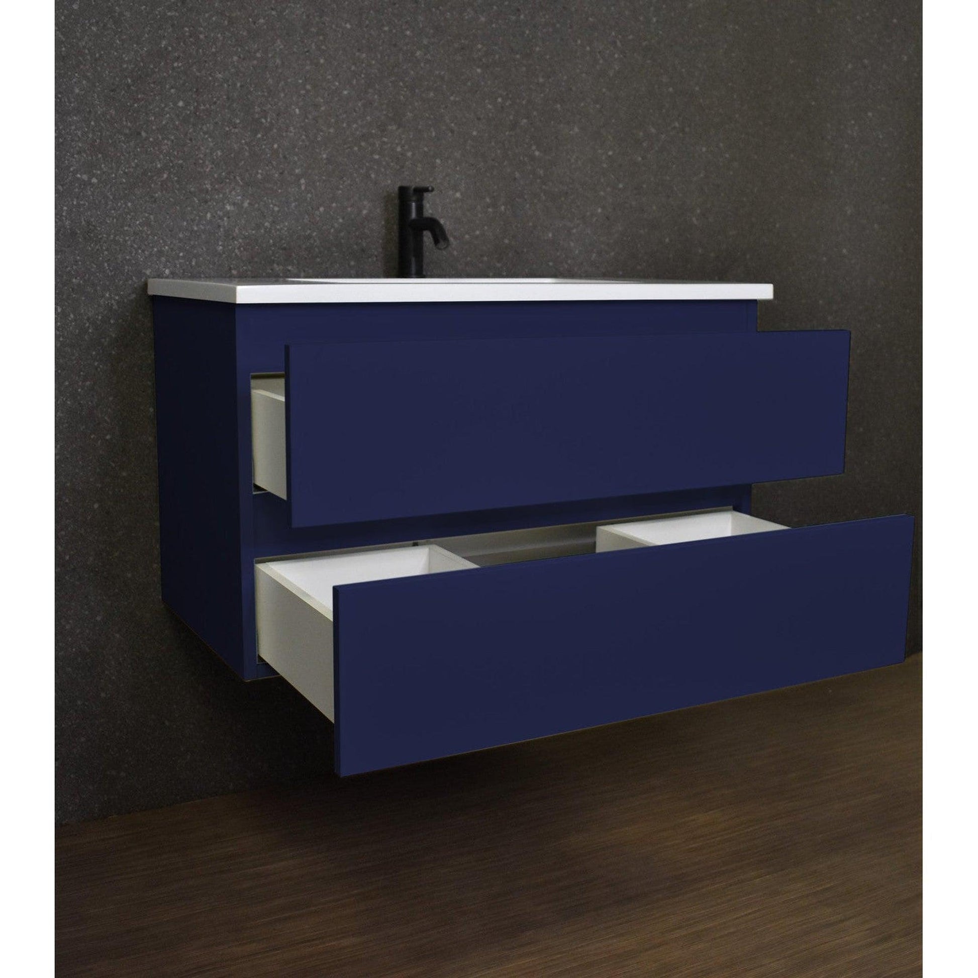 Volpa USA Salt 36" x 20" Navy Wall-Mounted Floating Bathroom Vanity With Drawers, Acrylic Top and Integrated Acrylic Sink