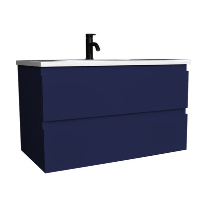 Volpa USA Salt 36" x 20" Navy Wall-Mounted Floating Bathroom Vanity With Drawers, Acrylic Top and Integrated Acrylic Sink