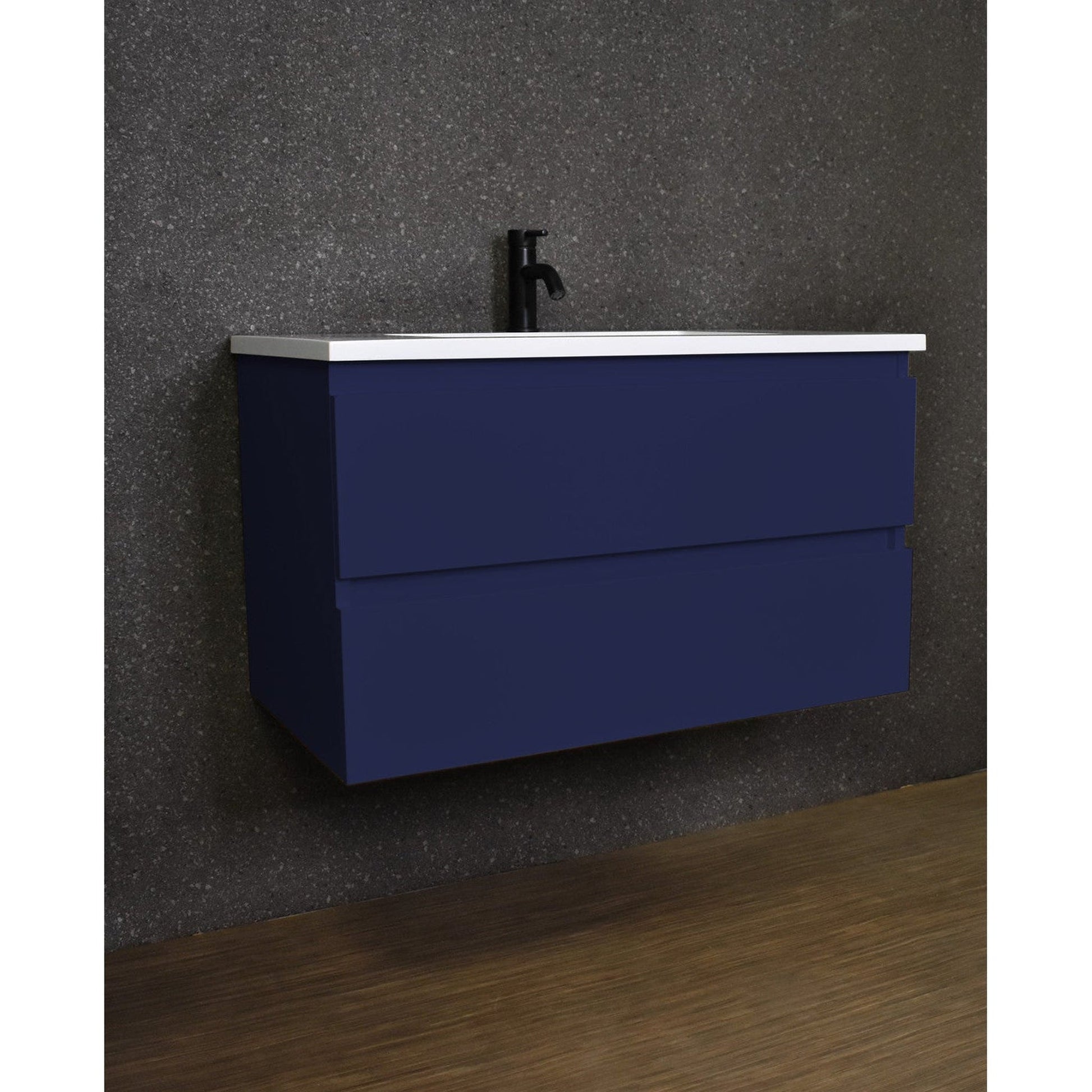 Volpa USA Salt 36" x 20" Navy Wall-Mounted Floating Bathroom Vanity With Drawers, Acrylic Top and Integrated Acrylic Sink