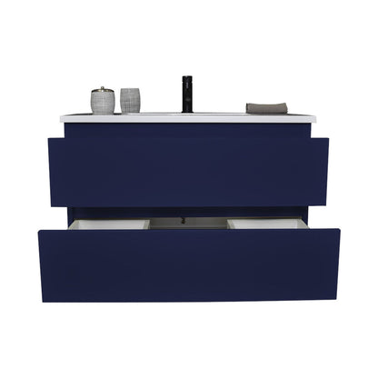 Volpa USA Salt 36" x 20" Navy Wall-Mounted Floating Bathroom Vanity With Drawers, Acrylic Top and Integrated Acrylic Sink