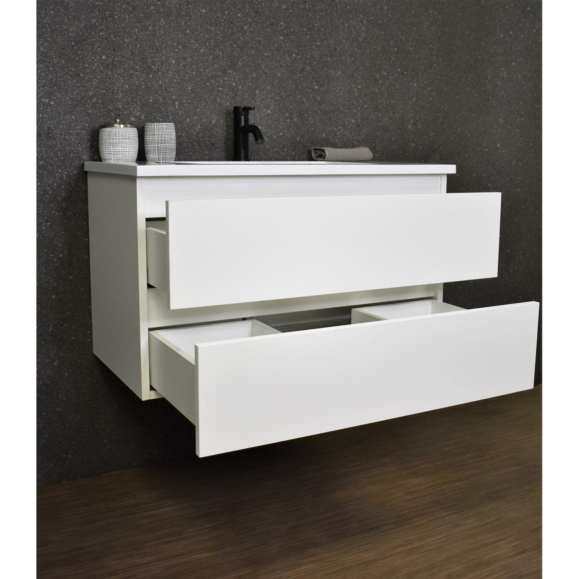 Volpa USA Salt 36" x 20" White Wall-Mounted Floating Bathroom Vanity With Drawers, Acrylic Top and Integrated Acrylic Sink