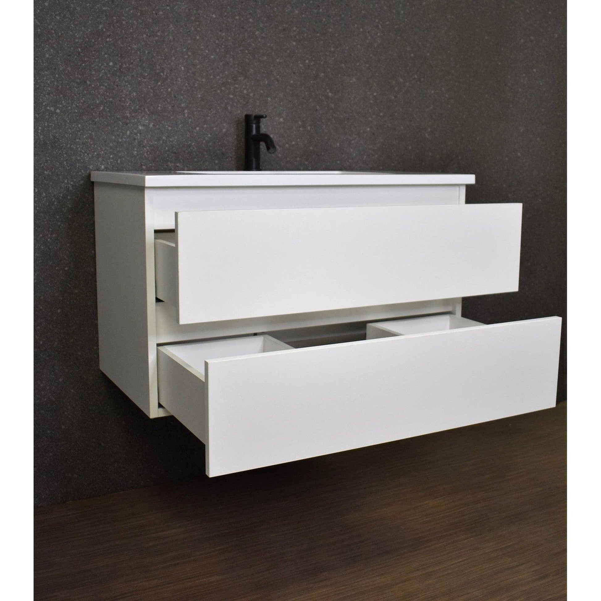 Volpa USA Salt 36" x 20" White Wall-Mounted Floating Bathroom Vanity With Drawers, Acrylic Top and Integrated Acrylic Sink