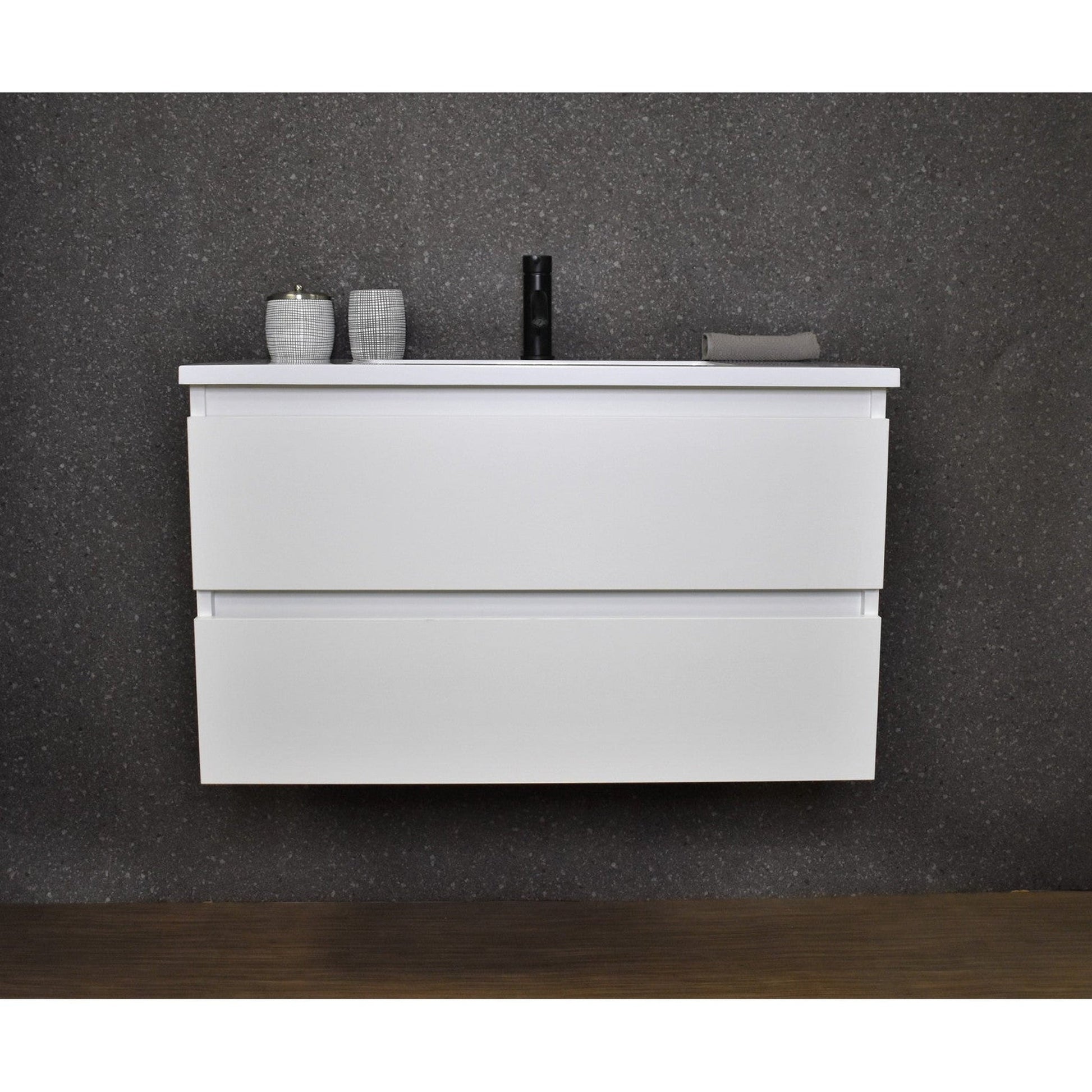 Volpa USA Salt 36" x 20" White Wall-Mounted Floating Bathroom Vanity With Drawers, Acrylic Top and Integrated Acrylic Sink