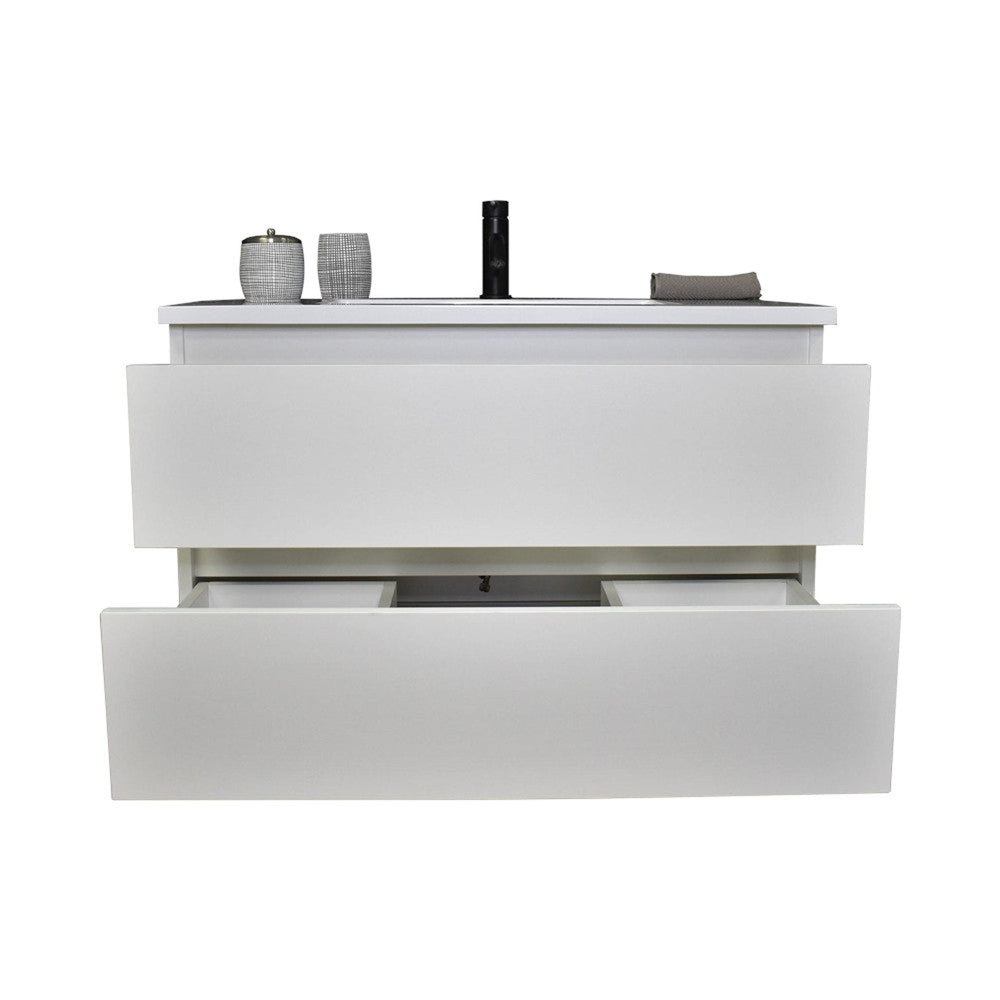 Volpa USA Salt 36" x 20" White Wall-Mounted Floating Bathroom Vanity With Drawers, Acrylic Top and Integrated Acrylic Sink