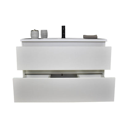 Volpa USA Salt 36" x 20" White Wall-Mounted Floating Bathroom Vanity With Drawers, Acrylic Top and Integrated Acrylic Sink