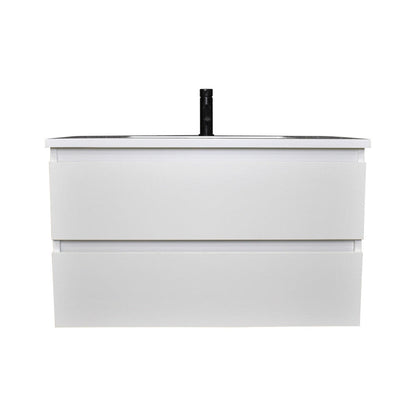 Volpa USA Salt 36" x 20" White Wall-Mounted Floating Bathroom Vanity With Drawers, Acrylic Top and Integrated Acrylic Sink