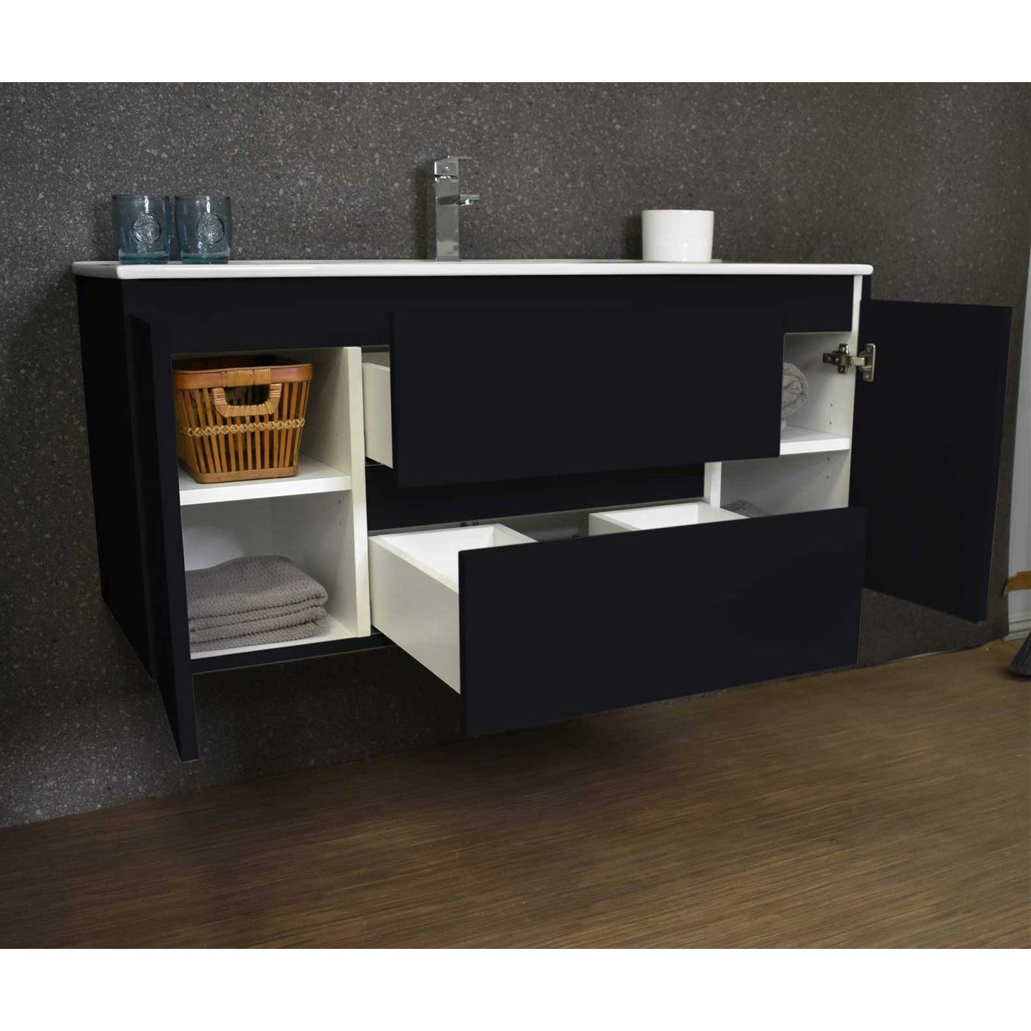 Volpa USA Salt 48" x 18" Black Wall-Mounted Floating Bathroom Vanity With Drawers, Integrated Porcelain Ceramic Top and Integrated Ceramic Sink